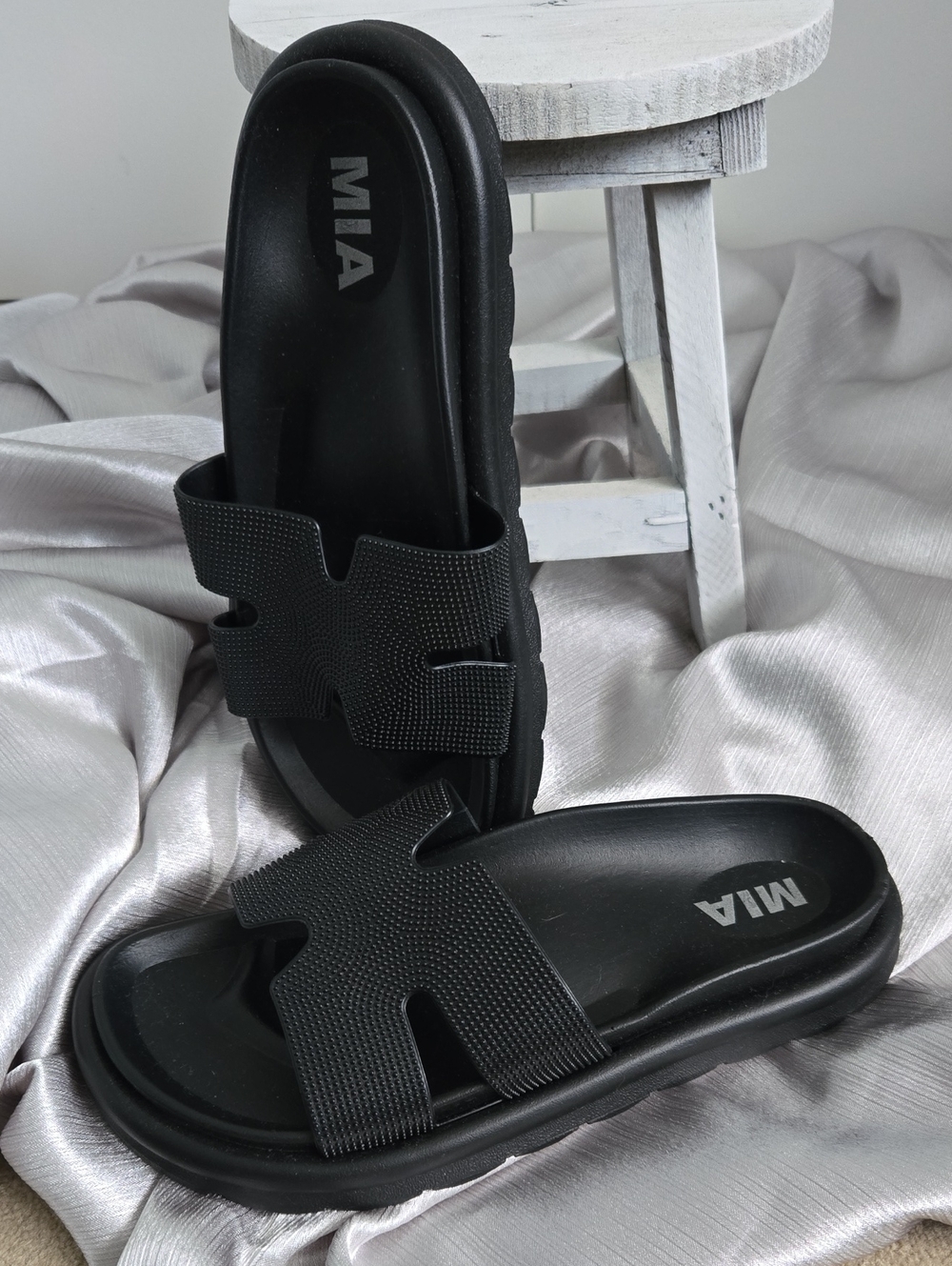 MIA Black Chunky Slide Sandals with Textured Strap